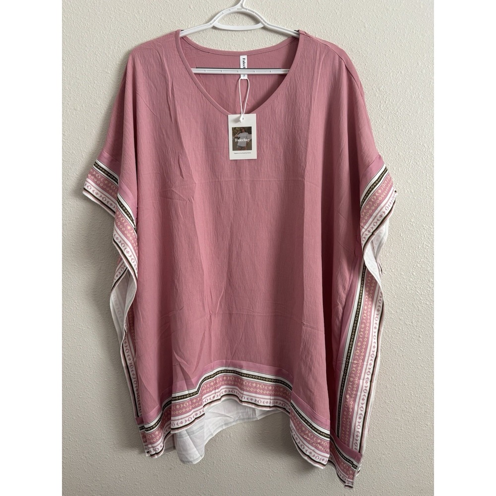 Falechay Women's 2XL Pink Kaftan Tunic Top V-Neck Border Print NWT
